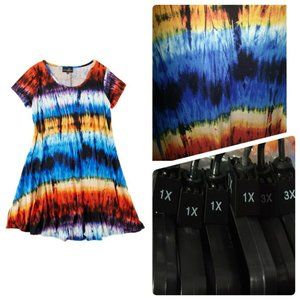 Bright color tie dye tunic dress, round neck Plus size 1X